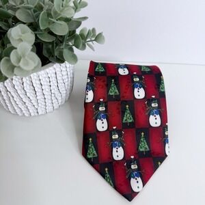 Yule Tie Greetings Christmas‎ Tree Snowman Print Tie Red Black 3 7/8" x 57"